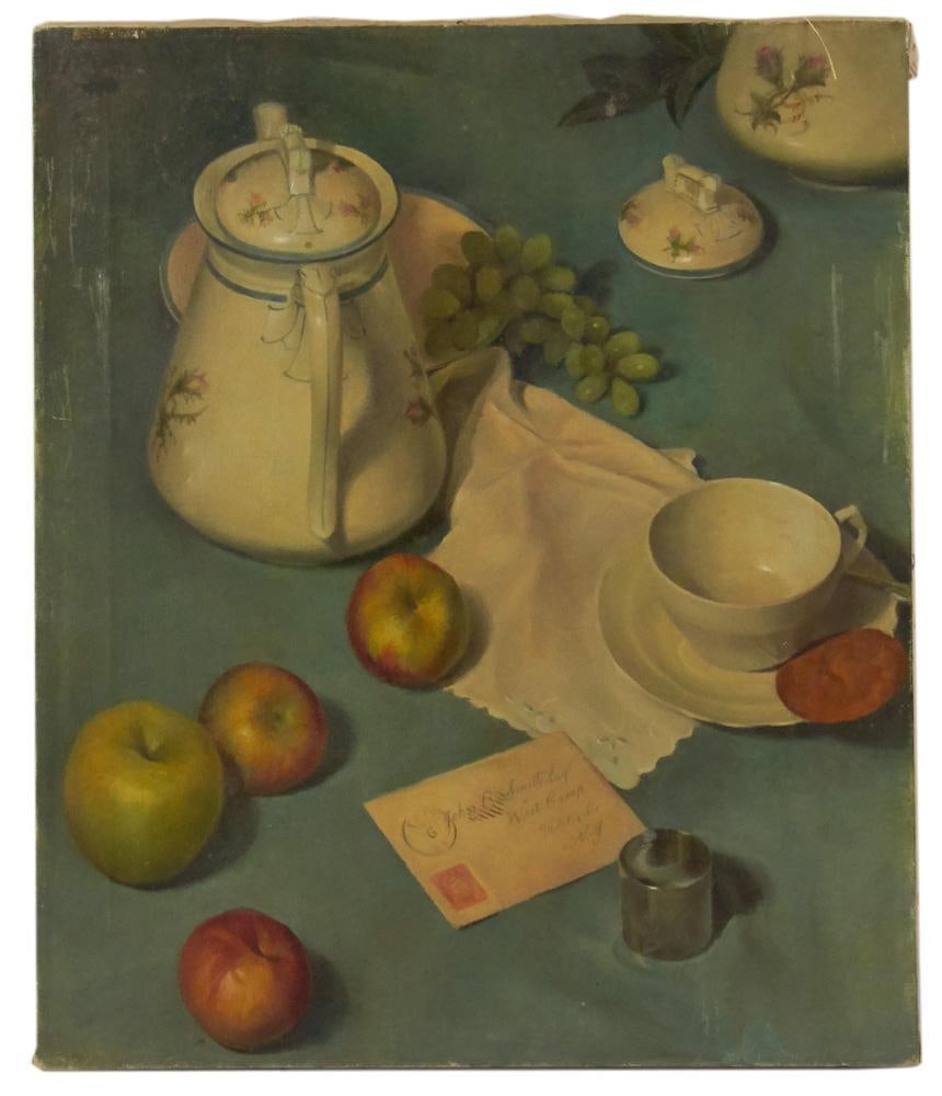 Flavia Bensing Scott, Still Life with Tea Set, Oil on Canvas: Flavia Bensing Scott, still life with tea set and apples, oil on canvas, unsigned, 20" x 17", unframed. Provenance: Estate of Dalia Zikas, Melrose, Massachusetts.