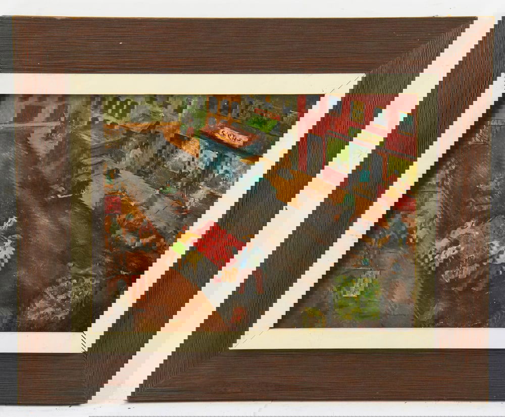 Phillip Evergood, Urban Shopping Scene, Oil on Canvas: Phillip Evergood, 20th century, urban shopping scene, oil on canvas, signed L/R, 8" x 11", framed 14" x 17". Provenance: Estate of Dalia Zikas, Melrose, Massachusetts.