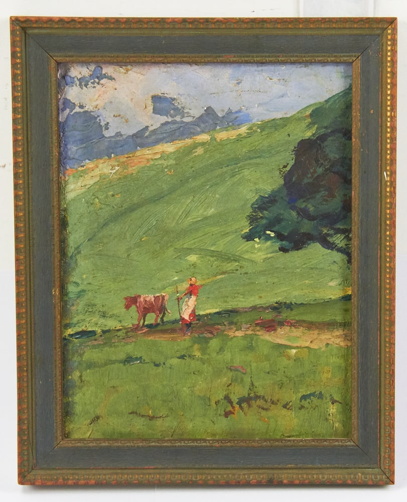 Attributed to McAlpin Brown, Woman Walking Cow: Attributed to McAlpin Brown, woman walking cow, oil on board, 9" x 7", framed 10" x 8". Provenance: Estate of Dalia Zikas, Melrose, Massachusetts.