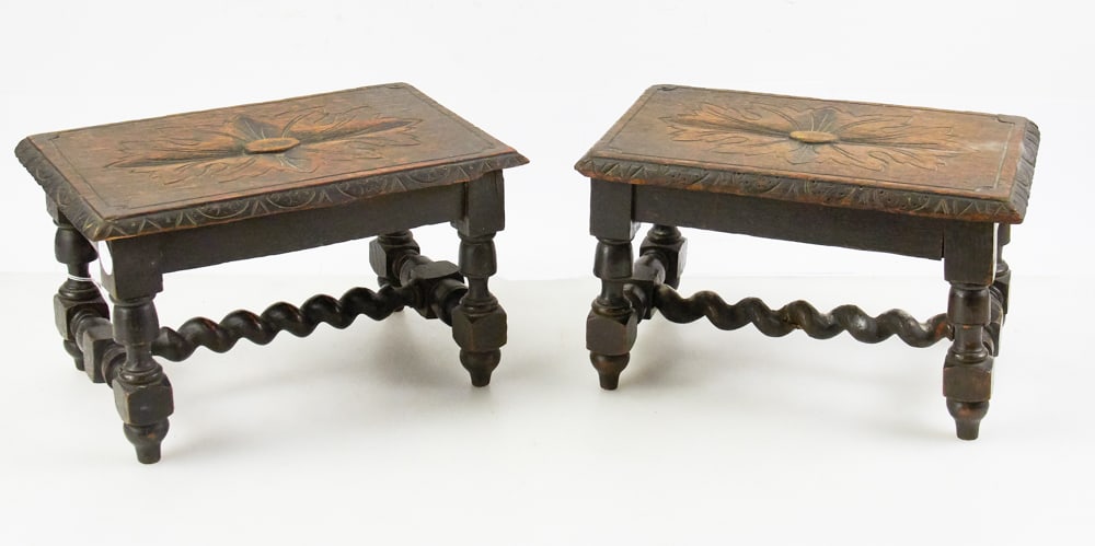 Pair of Small English Carved Stools (1 of 9)