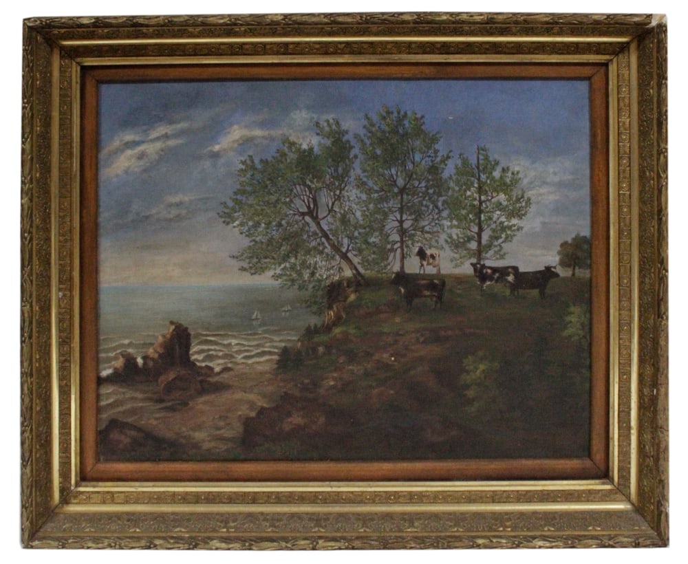 19thC Primitive Pastoral by the Sea, Oil on Canvas: 19th century primitive pastoral by the sea, oil on canvas, 18" x 21", framed 22" x 27". Provenance: Estate of Dalia Zikas, Melrose, Massachusetts.