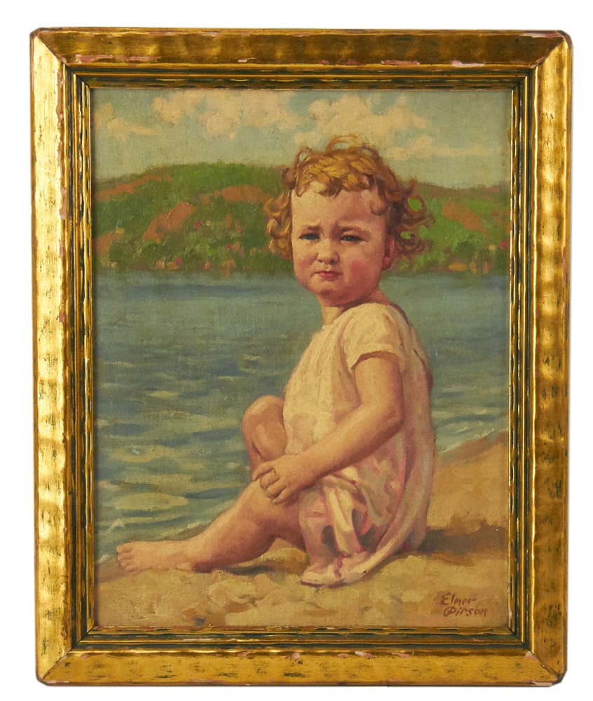 Elmer Pirson, Portrait of Child by the Shore: Elmer Pirson, portrait of child by the shore, oil on board, signed L/R, 14" x 11" (image), framed 16" x 13". Provenance: Estate of Dalia Zikas, Melrose, Massachusetts.