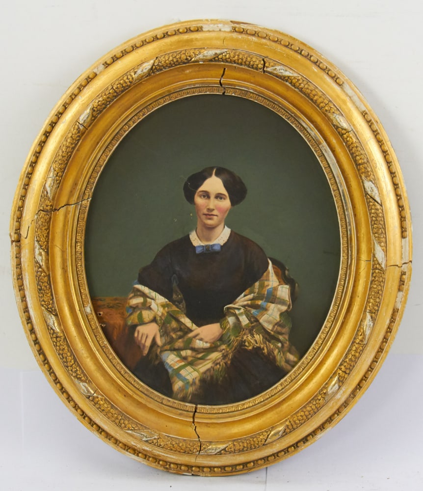 Elizabeth Stanton, American School Portraits: Elizabeth Stanton, 19th century Hudson New York American School portraits, oil on board, 13" x 10", framed 19" x 16". Provenance: Estate of Dalia Zikas, Melrose, Massachusetts.