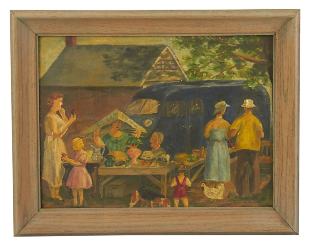 M. Quinn, Folk Primitive Farmer Market Scene: M. Quinn, Folk primitive farmer market scene, oil on board, signed L/R, 12" x 15", framed 15" x 18". Provenance: Estate of Dalia Zikas, Melrose, Massachusetts.