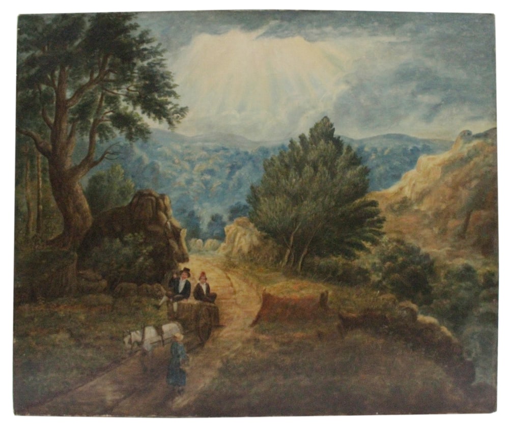 19thC Landscape with Couple in Wagon, Oil on Canvas: 19th century landscape with couple in wagon, oil on canvas, 24 3/4" x 29 3/4", unframed. Provenance: Estate of Dalia Zikas, Melrose, Massachusetts.