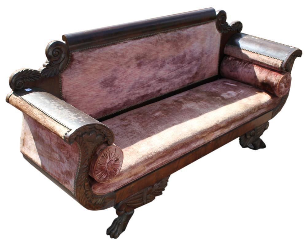Federal Double Rolled Arm Mahogany Sofa: Federal double rolled arm mahogany claw foot sofa with cornucopias, 36" H x 72" L x 20" D. Provenance: Salem, Massachusetts collection.