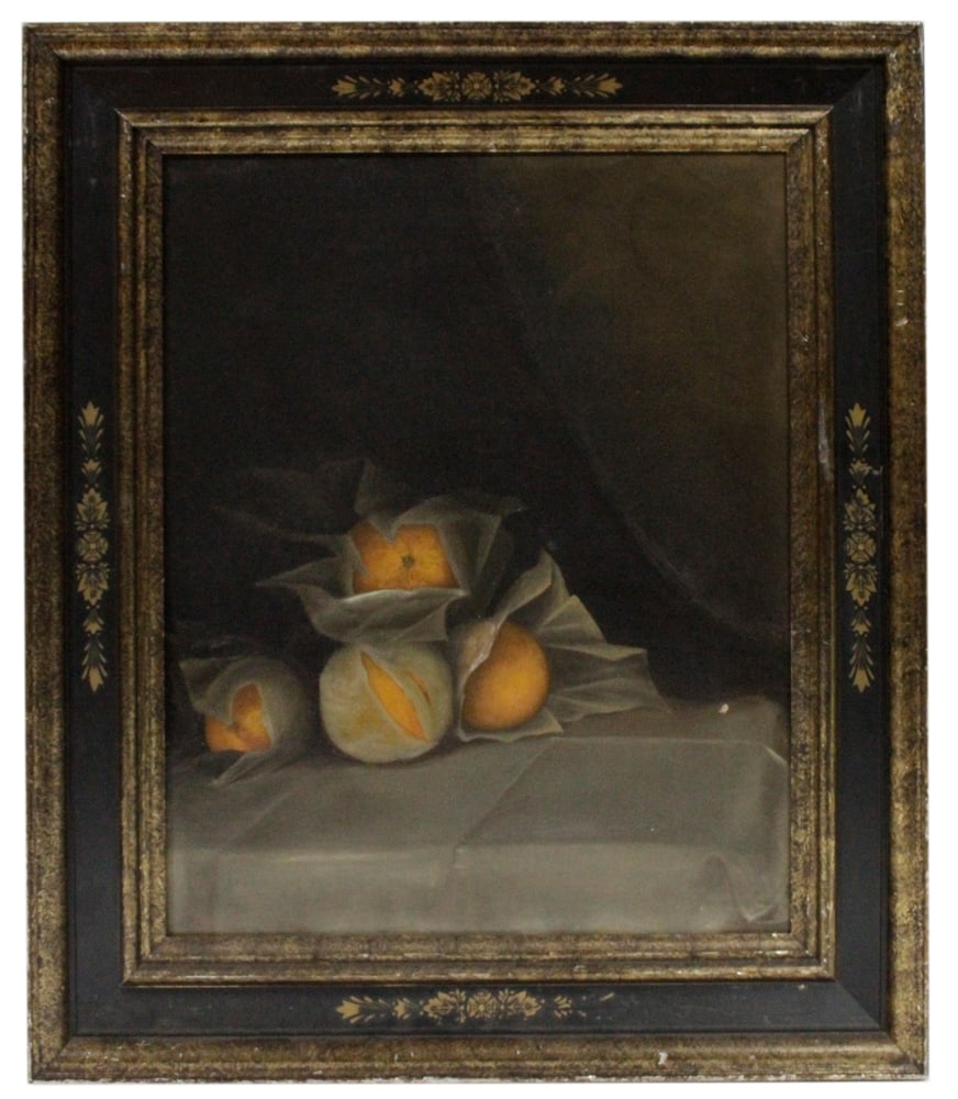 19thC, Still Life of Wrapped Oranges, Oil on Canvas: 19th century, still life of wrapped oranges, oil on canvas, 19" x 15", framed 26" x 22". Provenance: Estate of Dalia Zikas, Melrose, Massachusetts.