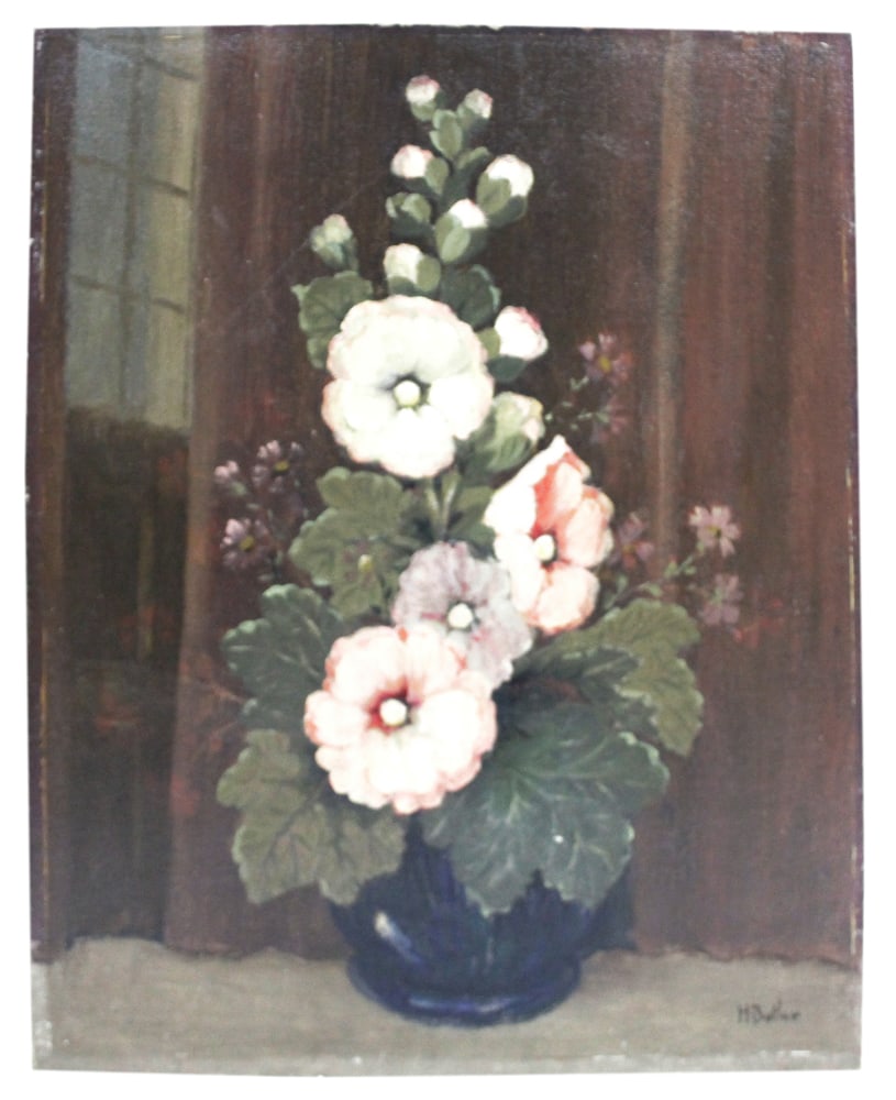 H. Butler, Blue Vase with Hollyhocks: H. Butler, blue vase with hollyhocks, oil on board, 22" x 17" unframed. Provenance: Estate of Dalia Zikas, Melrose, Massachusetts.