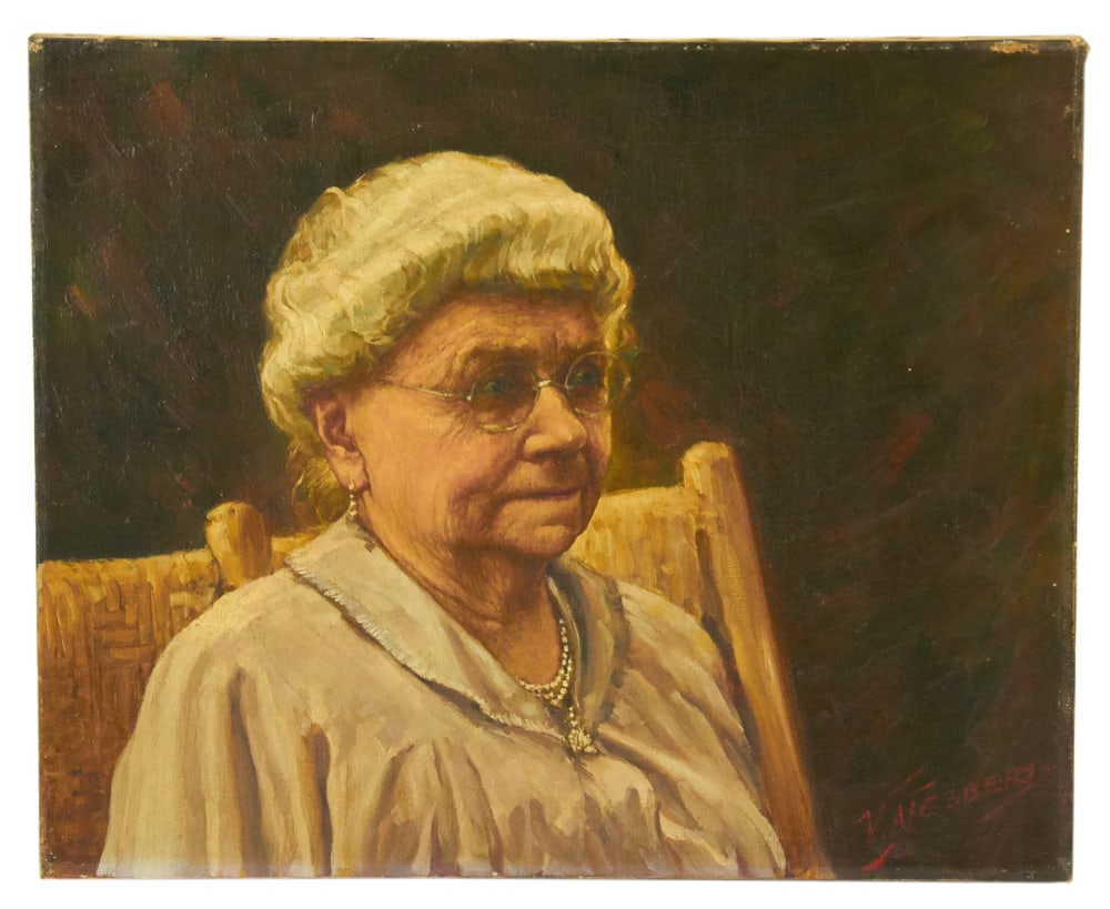 Vincent Nesbert, Elderly Lady, Oil on Canvas: Vincent Nesbert (Pennsylvania artist, 1898-1976), elderly lady, oil on canvas, 13" x 16" unframed. Provenance: Estate of Dalia Zikas, Melrose, Massachusetts.
