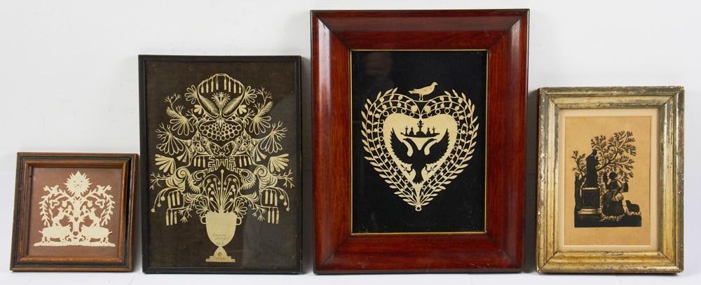 Collection of 19thC Framed Cut Paper Art: Collection of 19th century framed cut paper art, one marked and dated "Scissors Design G.E.B. 1888, three are possibly Scherenschnitte works. Largest frame 13 5/8" x 11 1/4". Provenance: Estate of Dal