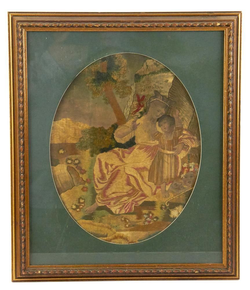 Needlepoint of Mother and Child: Needlepoint of mother and child, 12" x 10" (image), framed 17" x 15". Provenance: Estate of Dalia Zikas, Melrose, Massachusetts.