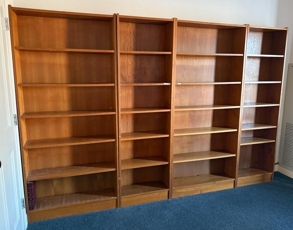 Scandinavian Bookshelves: Scandinavian bookshelves, 78" H x 143" L x 12" D, (2) 35", (2) 23 1/2", (1) 24". Provenance: Estate of Timothy Gillette of Brookline, Massachusetts.