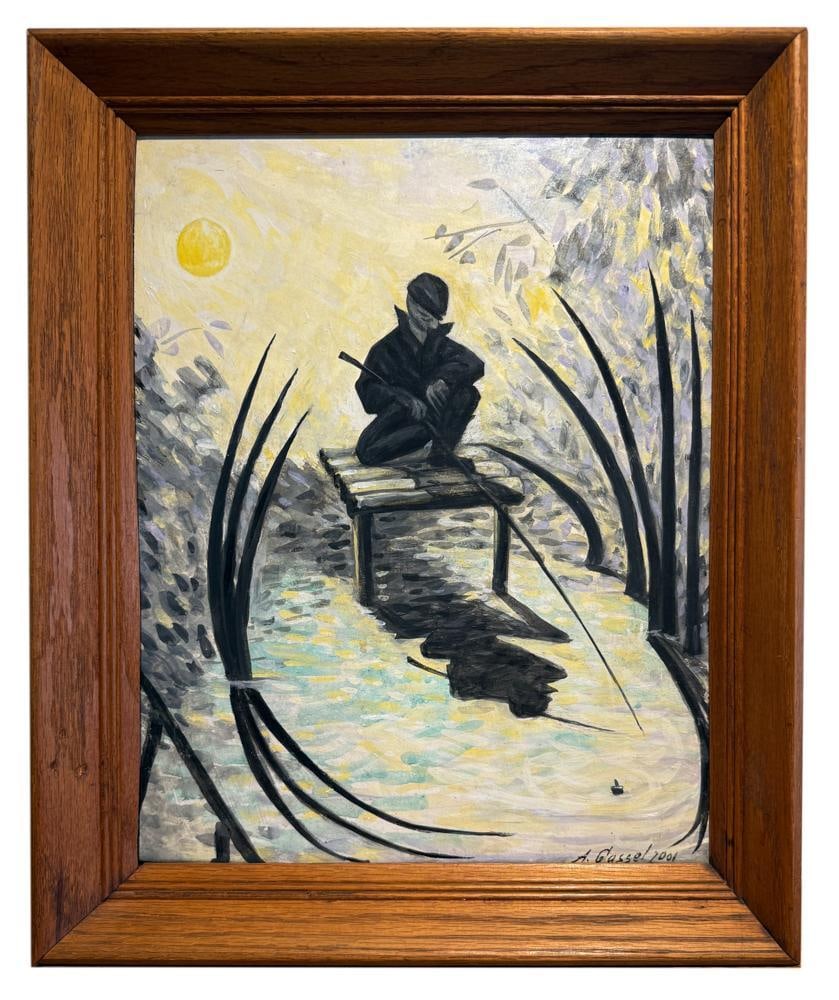 Alexander Gassel, Man Fishing, Oil on Board: Alexander Gassel (Russian-American, b.1947), man fishing, oil on board, 15" x 11", framed 19" x 15". Provenance: Estate of Timothy Gillette of Brookline, Massachusetts.