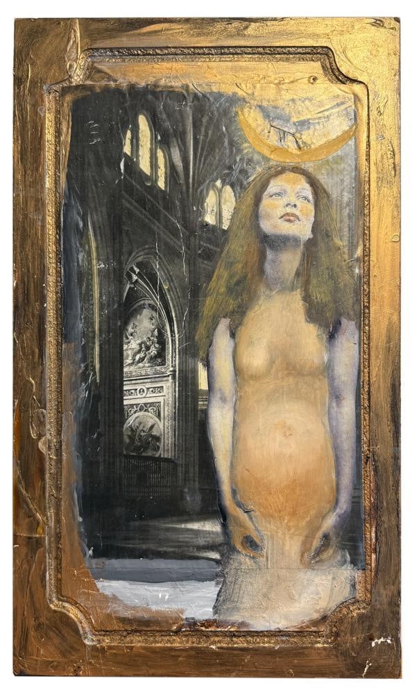 Unknown Nude Painted Decoupage on Door: Unknown nude painted decoupage on door, 19" x 11". Provenance: Estate of Timothy Gillette of Brookline, Massachusetts.