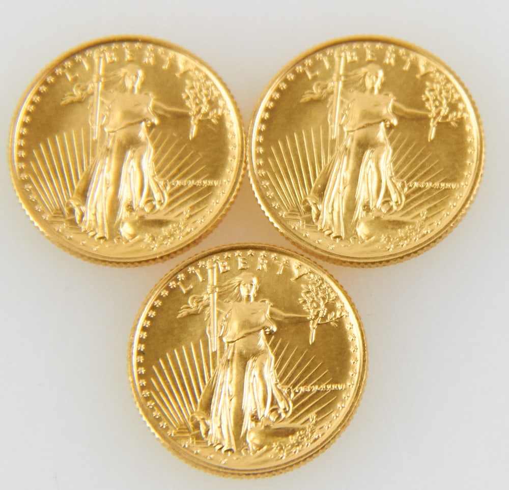 US 5-Dollar Liberty Gold Coins: US 5-dollar Liberty gold 0.10 oz coins, 22k, lot of (3). Mint condition. Provenance: Palm Beach, Florida estate. PLEASE NOTE: payment for silver, gold, jewelry, and coins must be made via wire transfe