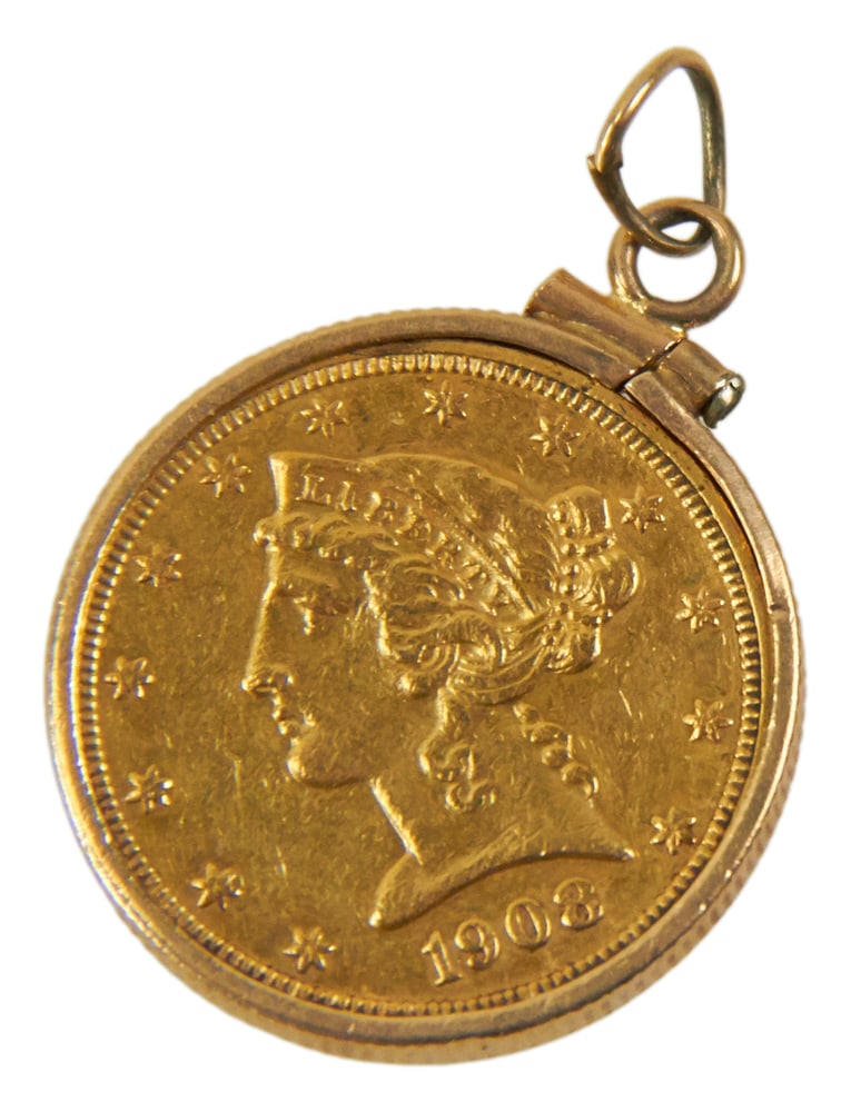 US 1908 5-Dollar Gold Coin in Gold Pendant Band (1 of 7)