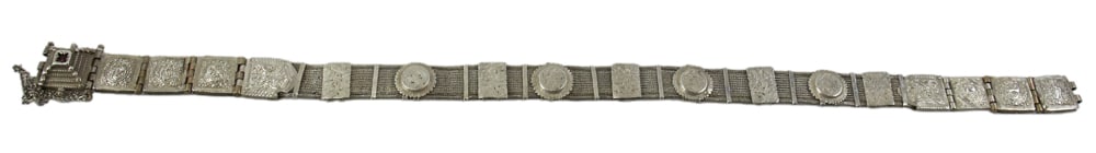 19thC Ottoman Silver Belt with Cabochon Ruby: 19th century Ottoman silver belt with cabochon ruby, 28 1/2" L x 1" W. Approximately 13.68 troy oz TW. Provenance: Palm Beach, Florida estate. PLEASE NOTE: payment for silver, gold, jewelry, and coins