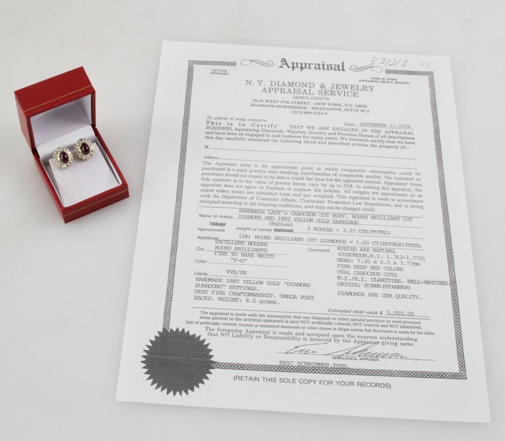 18k Gold, Cabochon Burmese Ruby and Diamond Earrings: Cabochon Burmese ruby and diamond earrings in 18k yellow gold. (2) cabochon Burmese rubies, approximately 3.25 ctw; (28) round brilliant cut diamond, approximately 1.00 ctw. PLEASE NOTE: payment for s