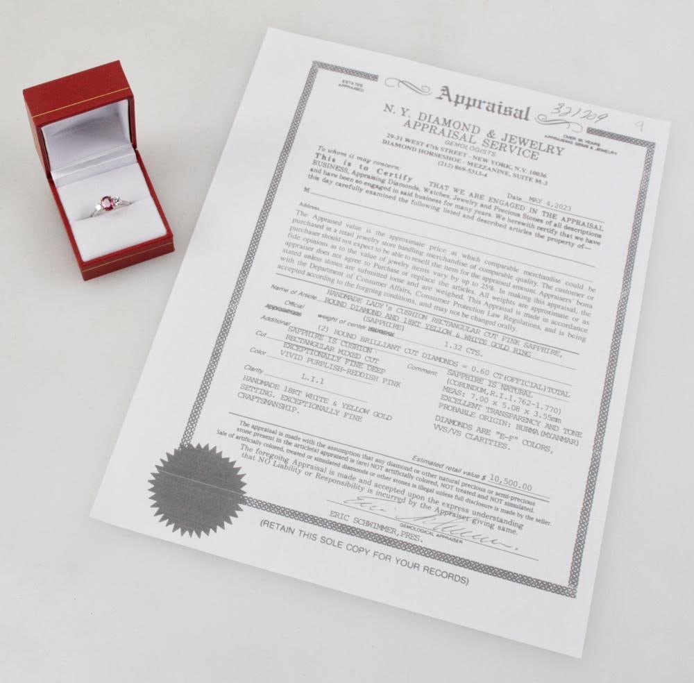 18k Gold, Pink Sapphire and Diamond Ring: Pink sapphire and diamond ring in 18k two-tone gold. Oval pink sapphire approximately 1.32 cts (gem quality); (2) round brilliant cut diamonds, approximately 0.60 ctw, E, F color, VVS/VS clarity. Gros