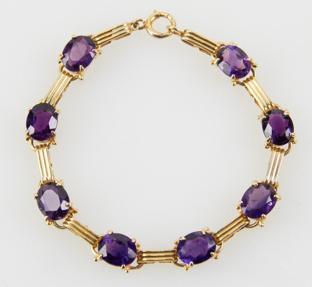 14k Yellow Gold and Oval Amethyst Bracelet, C1930 (1 of 11)
