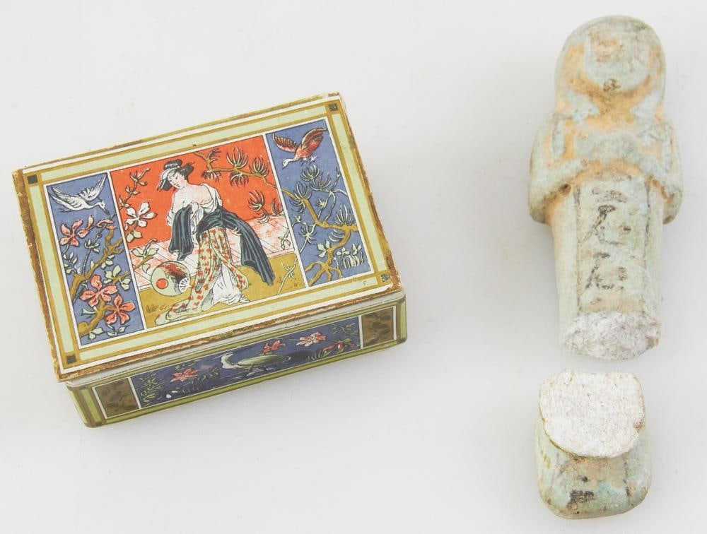 Ancient Egyptian Ushabti, Beaded Necklace: Ancient Egyptian ushabti, and beaded necklace. Lot of (2). Provenance: Camden, Maine collection.