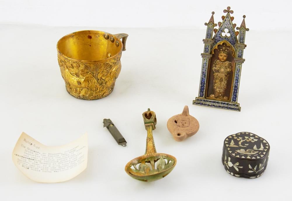 Pietra Dura, Frame, Roman Coin, Spoons, Minoan Cup: Pietra dura, frame, Roman coin, spoons, Minoan cup 19th century. Provenance: Camden, Maine collection.