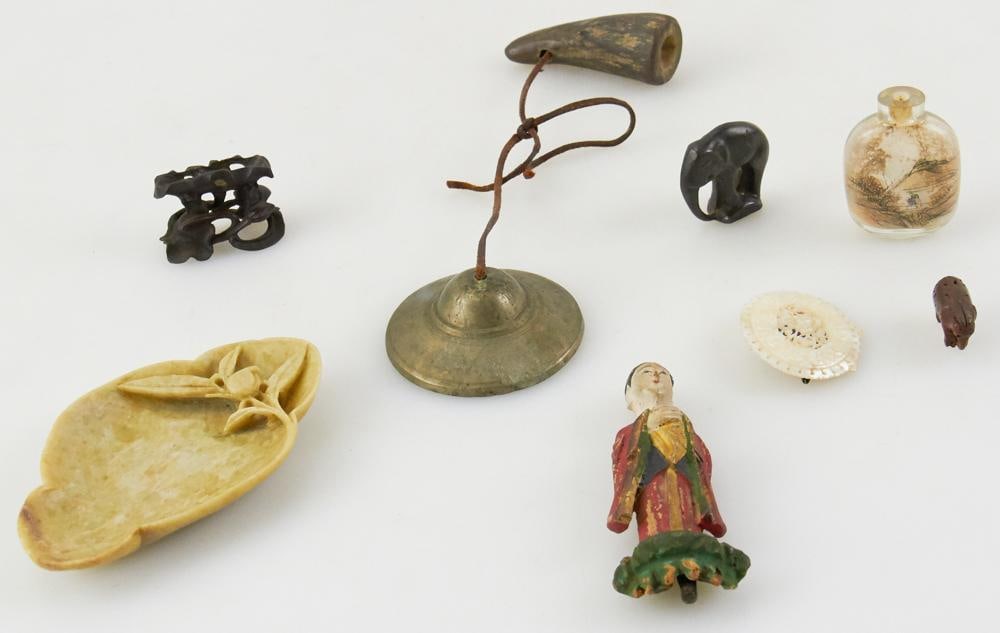Group of Asian Items, Elephants, Snuff Bottle, etc.: Group of (7) Asian items, elephants, mother-of-pearl, stone tray, snuff bottle, bell, figure. Provenance: Camden, Maine collection.