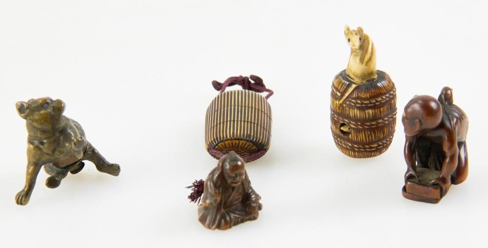 Japanese Netsukes, Pill Box, Mouse on Barrel, etc.: Japanese netsukes, pill box, mouse on barrel, cat with nut body, working boy with mouse. Provenance: Camden, Maine collection.