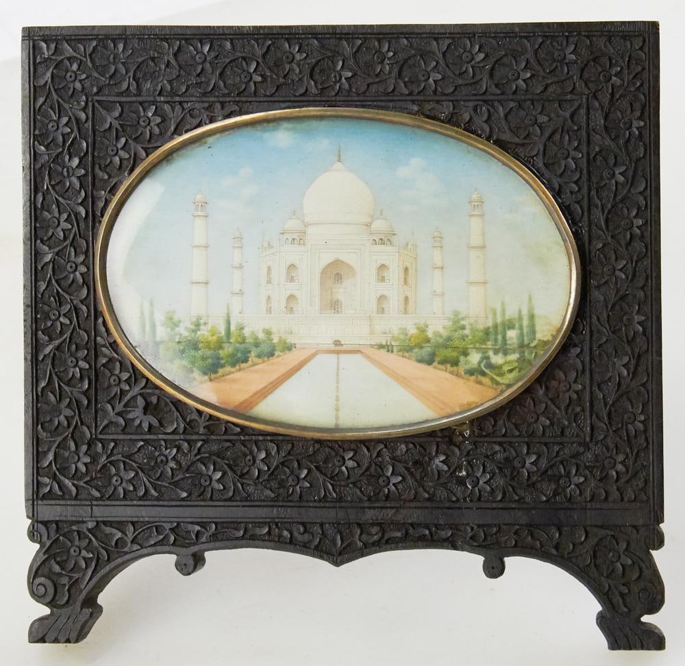 19thC Miniature Painting of Taj Mahal in Carved Frame: 19th century miniature painting of Taj Mahal in a carved ebony/rosewood frame, Indian School, Anglo-Indian. Provenance: Camden, Maine collection.
