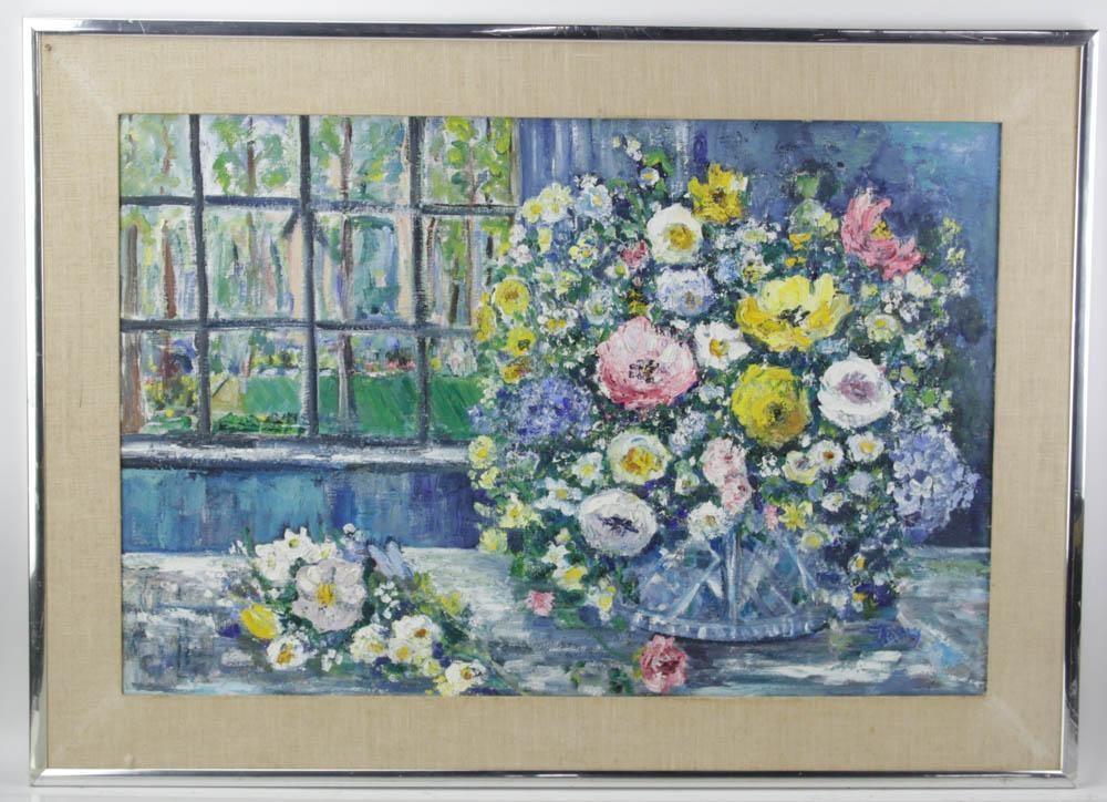 Jolly, Floral Still Life, Oil on Board: Jolly, floral still life, oil on board, signed L/R, 24" x 36", framed 31" x 43". Provenance: Palm Beach, Florida estate.