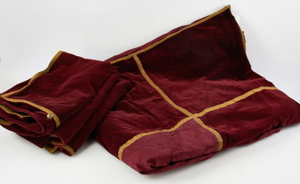 Vintage Bed Cover, Red Velvet with Gold Trim, and Pillow Covers: Vintage bed cover, red velvet with gold trim, 110" x 95", and (3) pillow covers, 26" x 27". Good condition.