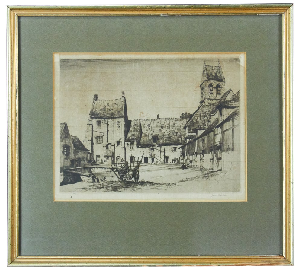 Samuel Chamberlain, "The Abbey Farm", Etching/Drypoint: Samuel Chamberlain (American, 1895-1975), "The Abbey Farm", etching/drypoint, signed L/R, editioned 36/100 L/L, 8" x 10", framed 14" x 16". Provenance: Beverly, Massachusetts collection.