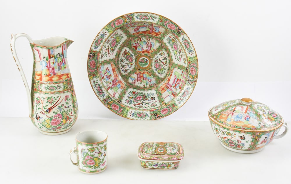 19thC Chinese Rose Medallion Pieces: 19th century Chinese Rose Medallion bowl, pitcher, cup, covered handled pot, covered dish/box, bowl 16" diameter. Provenance: Beverly, Massachusetts collection.