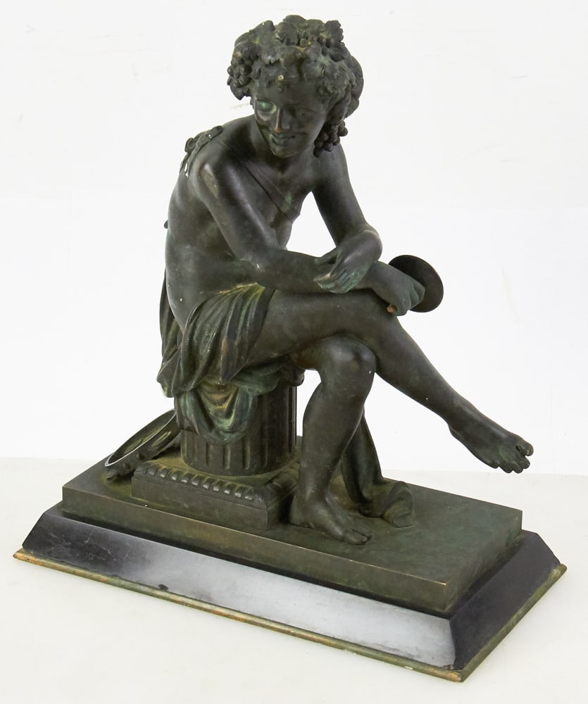 19thC Bronze of Seated Musician: 19th century bronze of seated musician, verdigris patina, on slate base. Provenance: Beverly, Massachusetts collection.