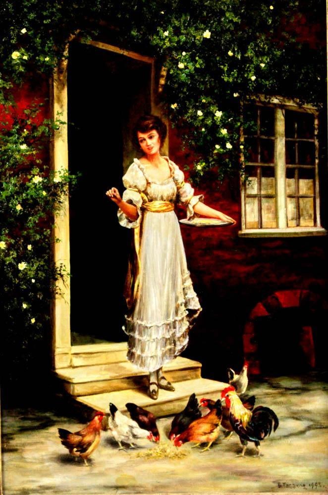 Russian Woman Feeding Chickens, Oil on Canvas: 20th century oil on canvas of Russian woman feeding chickens, signed L/L, 1995, 24" x 15", framed 30" x 22". Provenance: The Villages, Florida collection.