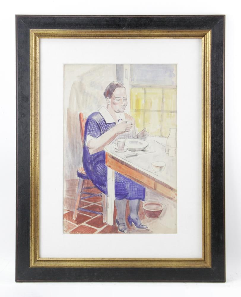 Breakfast Watercolor: Breakfast, watercolor, signed indistinctly lower left, 16" x 12" view, 28 1/2" x 22 1/2". Provenance: Natick, Massachusetts.