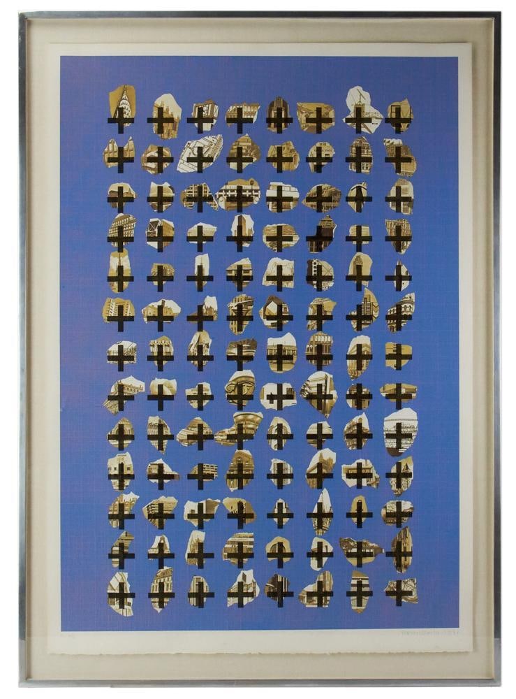 Brian Clark, Buildings, Print: Brian Clark (British), buildings, print, 1981, 42" x 29", framed 46" x 33". Provenance: Londonderry, New Hampshire collection.