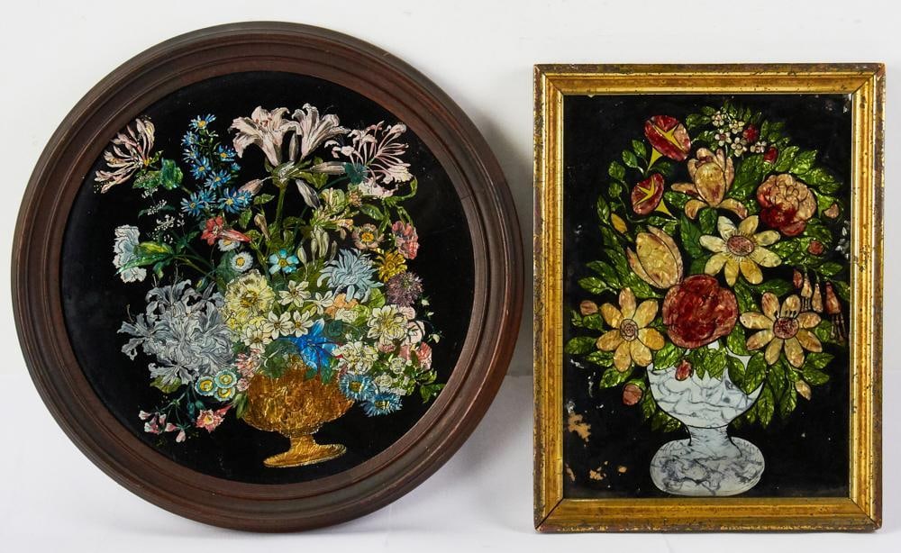 Two vintage tinsel art paintings, reverse painting on glass over foil, both florals, larger 17" (1 of 6)