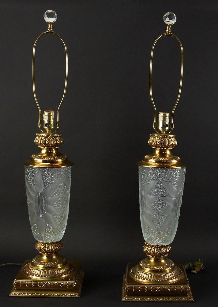 Pair of Scully and Scully Table Lamps: Pair of Scully and Scully table lamps with partially frosted glass, approximately 22 1/2" H (to top of socket).