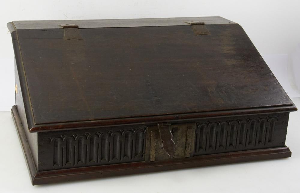 Early 19thC Carved Oak Coffer with Slant-Lid Top (1 of 5)