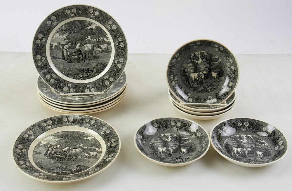 Antique Villeroy and Boch Black Transfer-decorated Plates, Bowls (1 of 5)