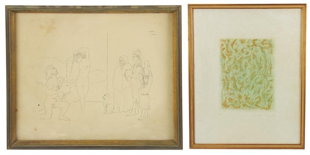 After Picasso Print of Nudes, and Erotica Print of Nudes: After Picasso, print of nudes, 14" x 18"; erotica print of nudes, 13" x 10", framed 25" x 20". Provenance: Marblehead, Massachusetts collection.