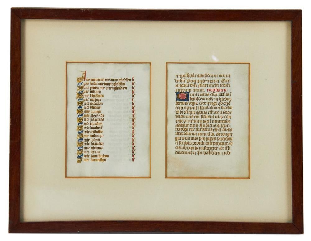 Illuminated Manuscript Leaves: Illuminated manuscript leaves, likely from a medieval book of hours. Provenance: Wakefield, Massachusetts collection.