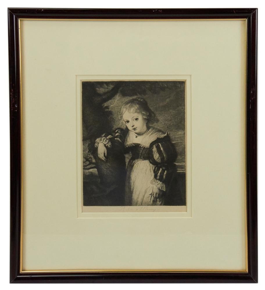 Rubins L. Flameng Etching: Rubins L. Flameng etching, 8" x 6", framed 16" x 14". Provenance: Brookline, Massachusetts collection.