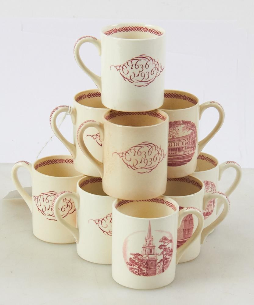 Set of Wedgwood Porcelain Cups, Harvard Tercentenary: Set of ten (10) Wedgwood porcelain cups commemorating the Harvard Tercentenary (1636-1936), depicting different campus buildings, Dane Hall 1832, Hemenway Gymnasium 1878, Memorial Church 1832, etc.,