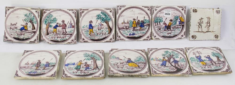 Antique Delftware Tiles with Barred Ox Head Corners: Antique Delftware tiles with barred ox head corners, (10) total. Provenance: Wakefield, Massachusetts collection.