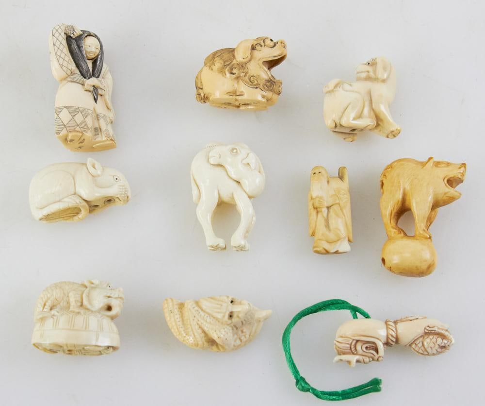 Japanese Netsukes: Japanese netsukes, (10) total. Provenance: Wakefield, Massachusetts collection.