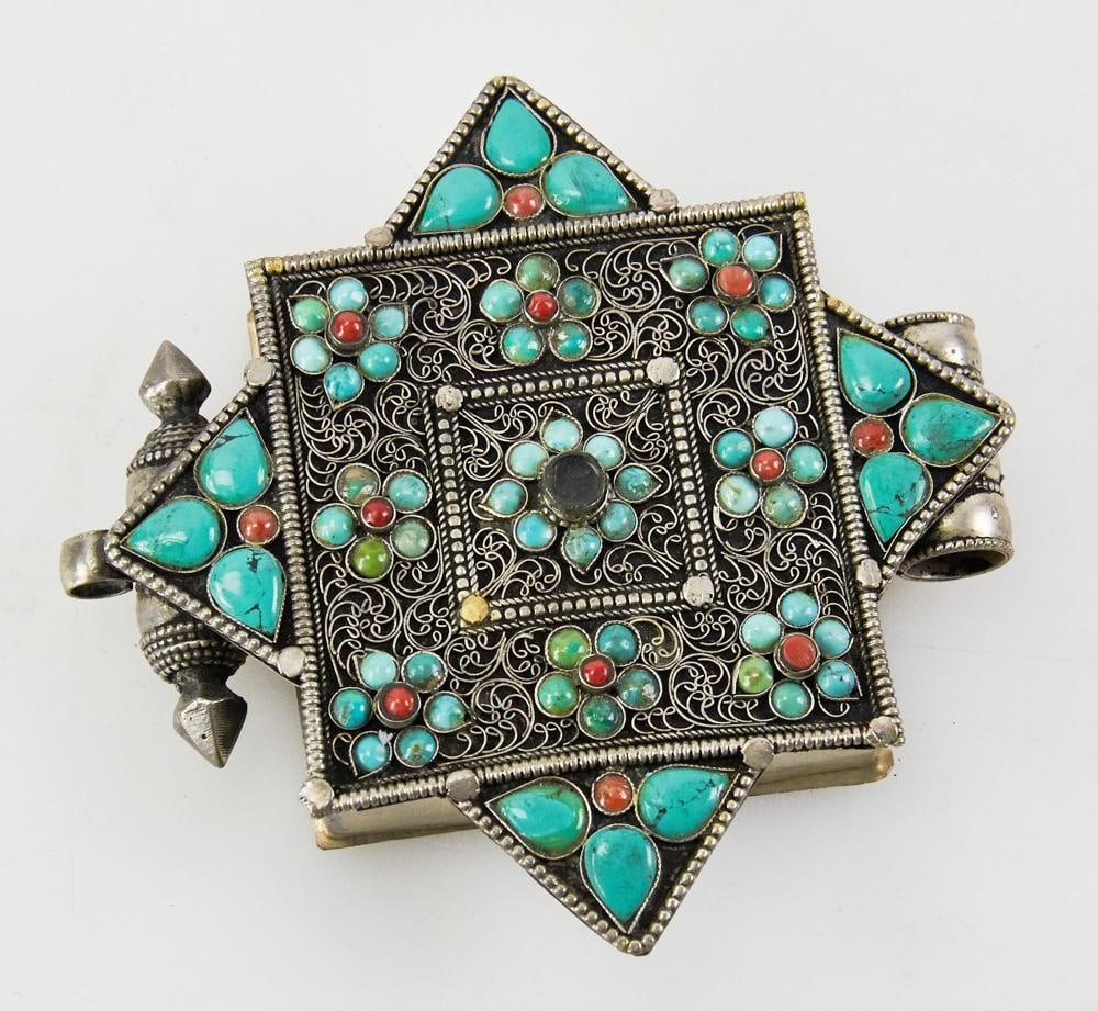 Afghanistan Silver Turquoise Coral Box Pendant: Afghanistan silver, turquoise, coral box pendant. Provenance: Wakefield, Massachusetts collection.