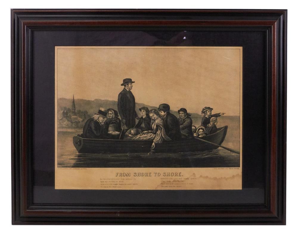 Currier and Ives, Shore to Shore, Lithograph: Currier and Ives of New York, "Shore to Shore", black and white lithograph, 9 1/2" x 12 1/2", framed 15" x 18 1/2". Light water staining. Provenance: Balboa Island, California collection.