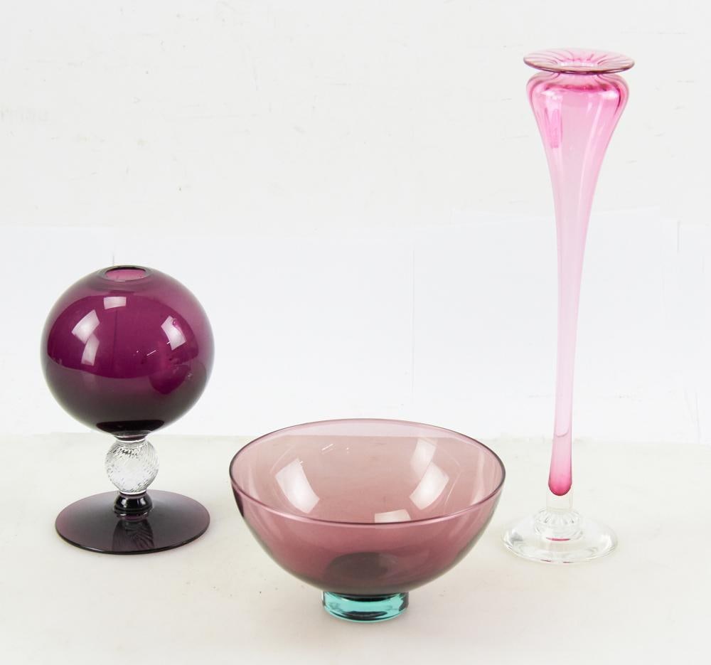 Amethyst Vase, Bowl, Cranberry Glass Vase: Mid-century Modern purple amethyst glass round vase; 20th century round purple amethyst bowl; cranberry glass vase, signed on bottom Young Constantin. (3) pieces total. Provenance: Brookline,